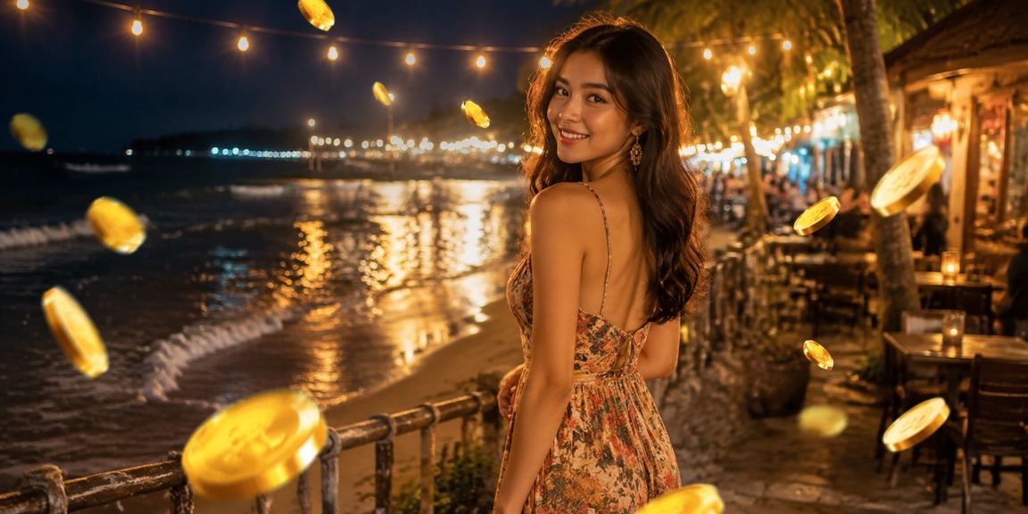 Suasana kasino malam yang ramai di pasar malam Vietnam dengan cahaya warna-warni